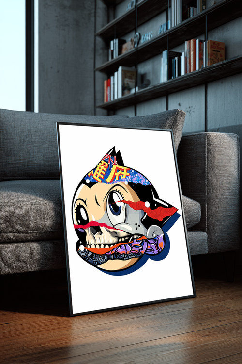 Anime-inspired skull collage framed poster leaning against couch in modern living room