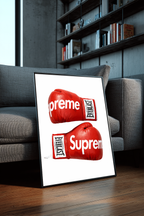 Hypebeast-style boxing gloves framed poster leaning against couch in modern interior