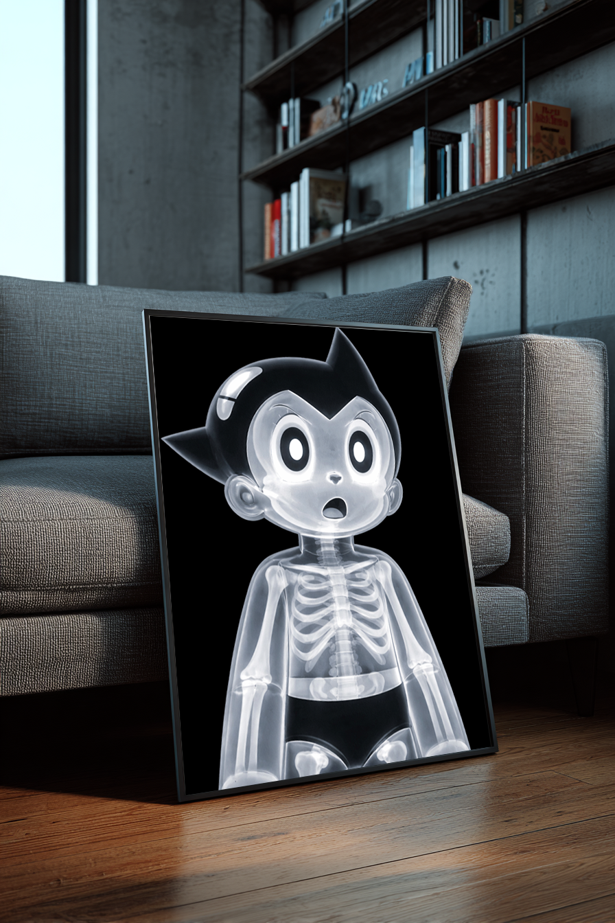 X-Rayed Astro framed poster leaning against a gray sofa in a modern interior with wood floors, bookshelves, and contemporary decor.