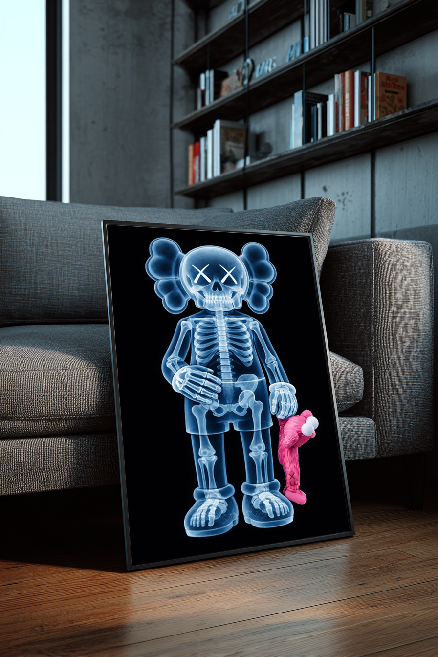 X-Rayed Companion framed poster leaning against a gray sofa in a modern interior with wood floors, bookshelves, and contemporary decor.