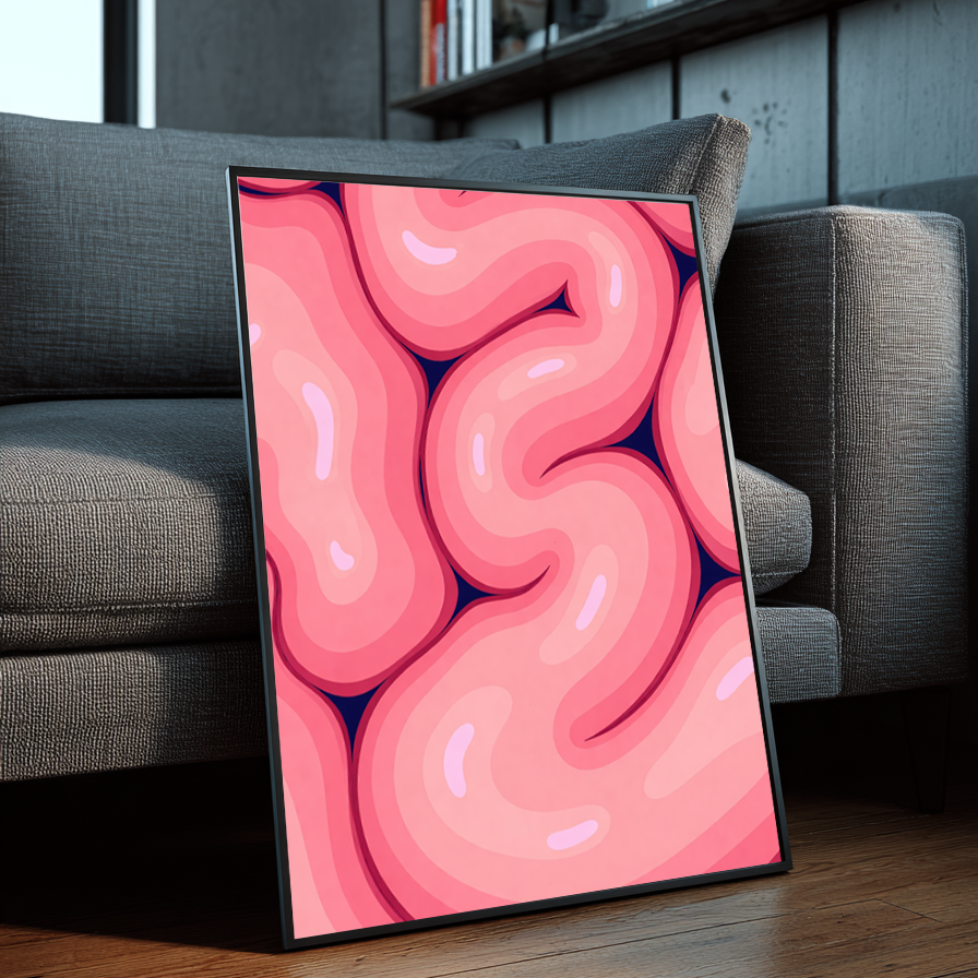 Brain Melt framed wall art leaning against a gray sofa in a modern interior with wood floors, bookshelves, and contemporary decor.