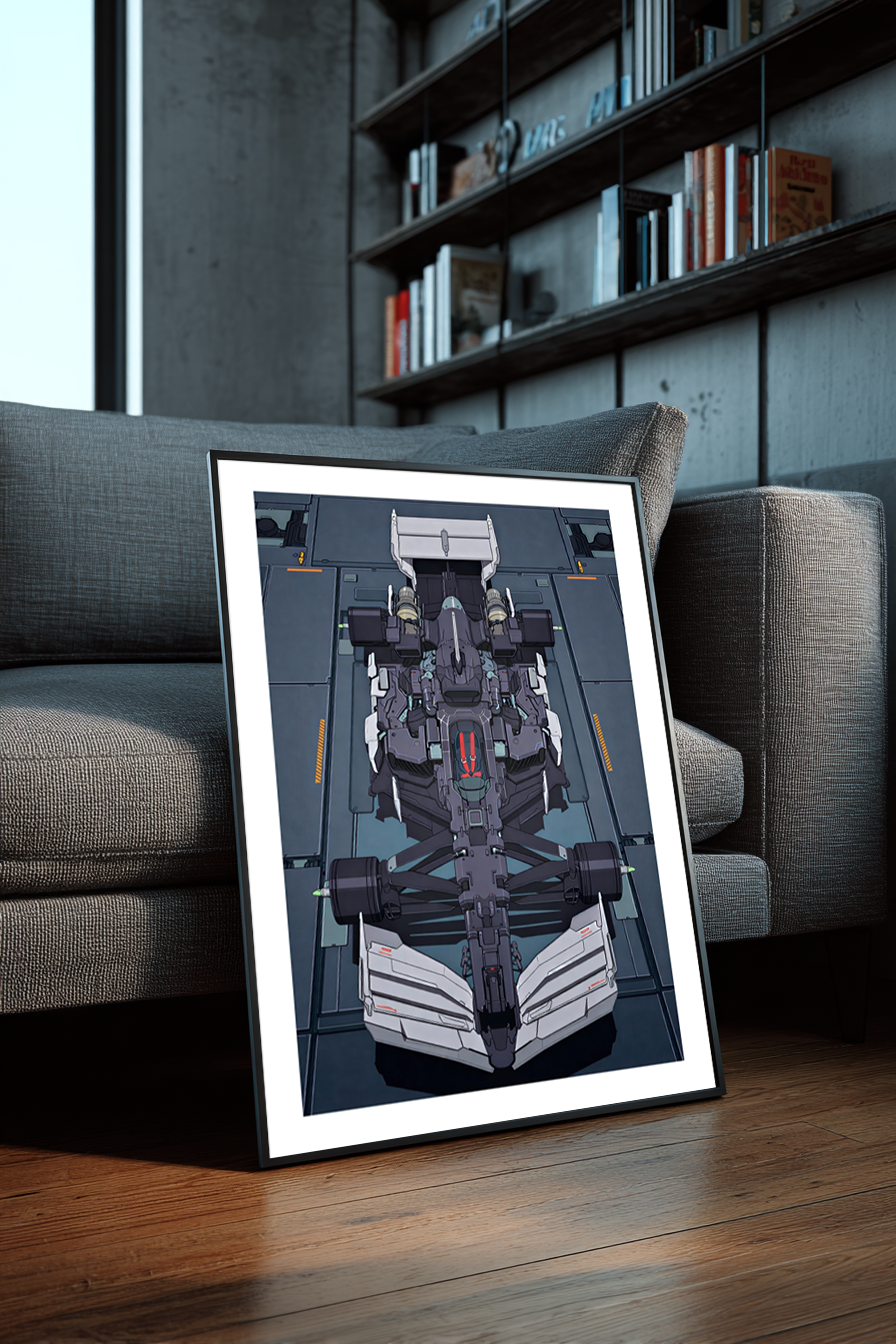 Black Gundam F1 framed poster leaning against a gray sofa in a modern interior with wood floors, bookshelves, and contemporary decor.