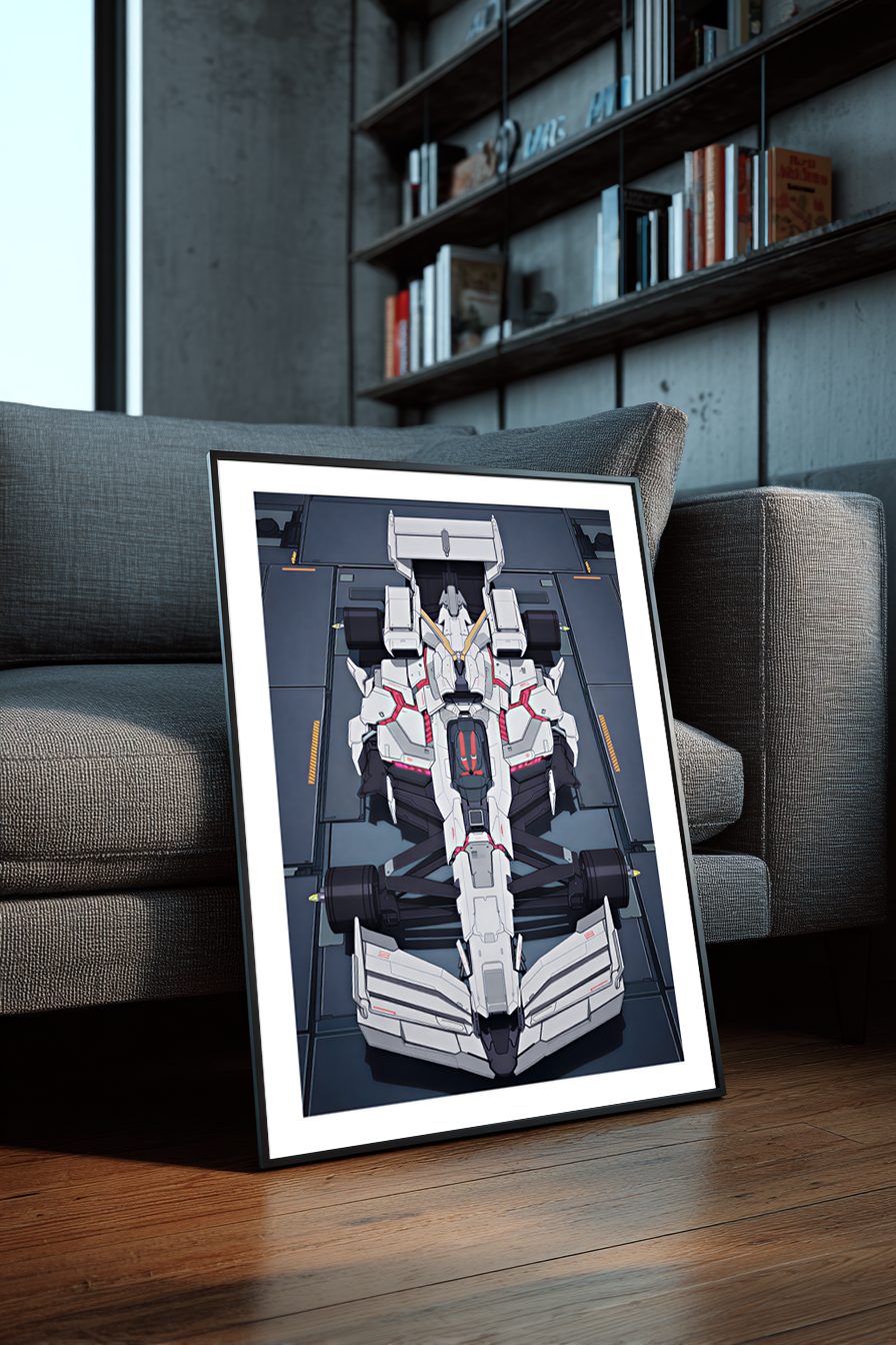White Gundam F1 framed poster leaning against a gray sofa in a modern interior with wood floors, bookshelves, and contemporary decor.