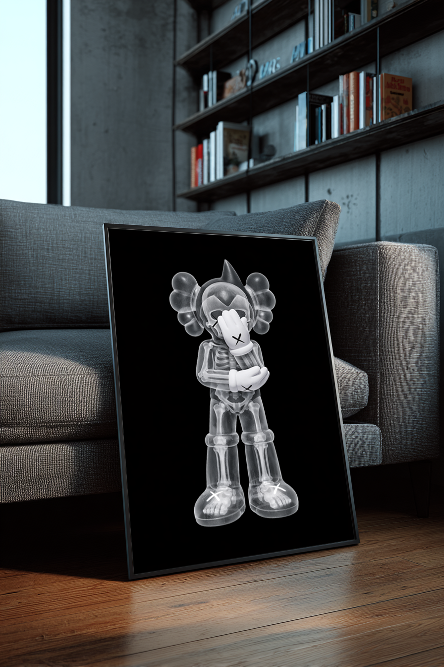 X-Rayed Astro Companion framed poster leaning against a gray sofa in a modern interior with wood floors, bookshelves, and contemporary decor.
