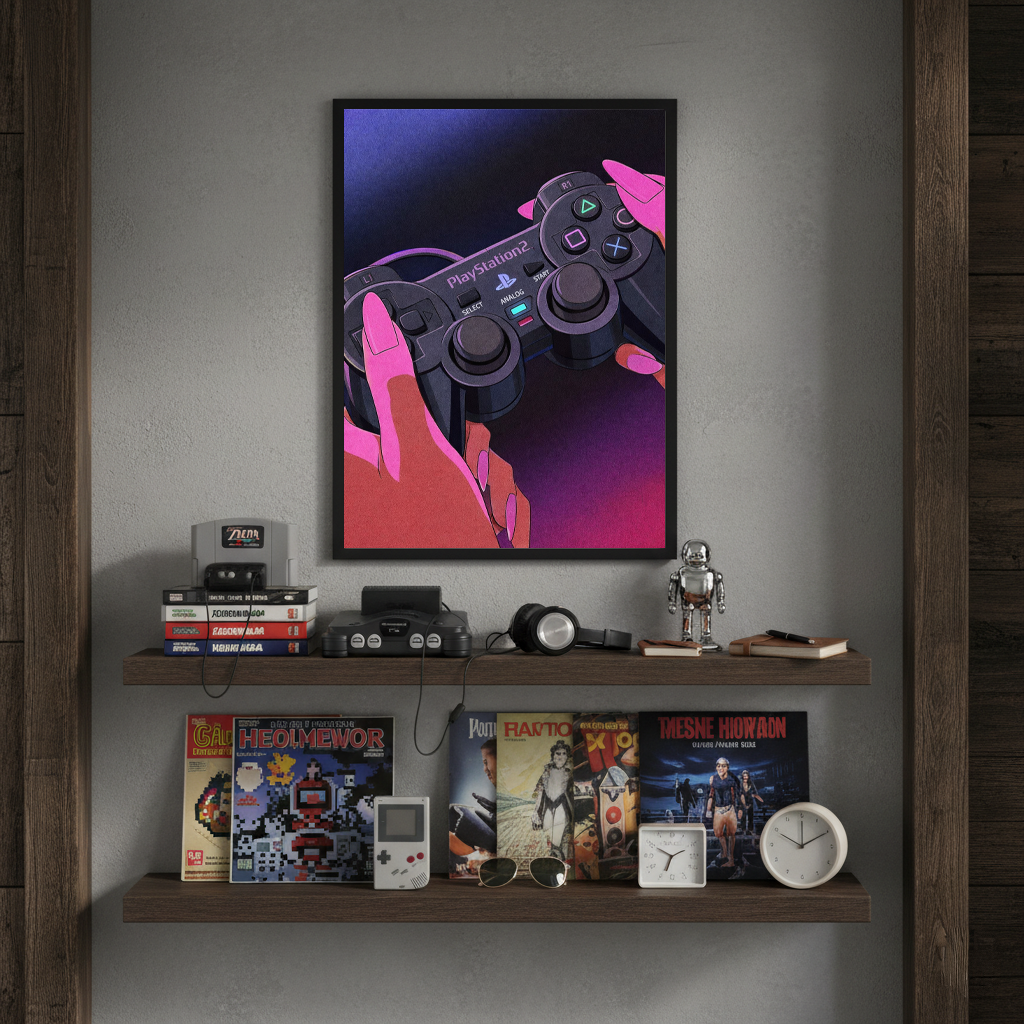 Press Start framed poster displayed above wooden shelves with books, retro decor, and collectibles in a modern interior.