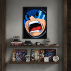 Full Charge framed poster inspired by Mega Man, displayed above wooden shelves with books, retro decor, and collectibles.