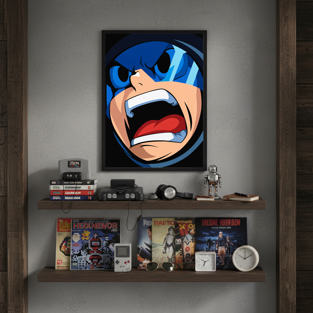 Full Charge framed poster inspired by Mega Man, displayed above wooden shelves with books, retro decor, and collectibles.