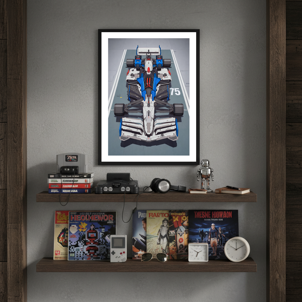 Blue Gundam F1 framed poster displayed above wooden shelves with books, retro decor, and collectibles in a modern interior.