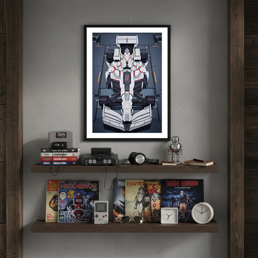 White Gundam F1 framed poster displayed above wooden shelves with books, retro decor, and collectibles in a modern interior.