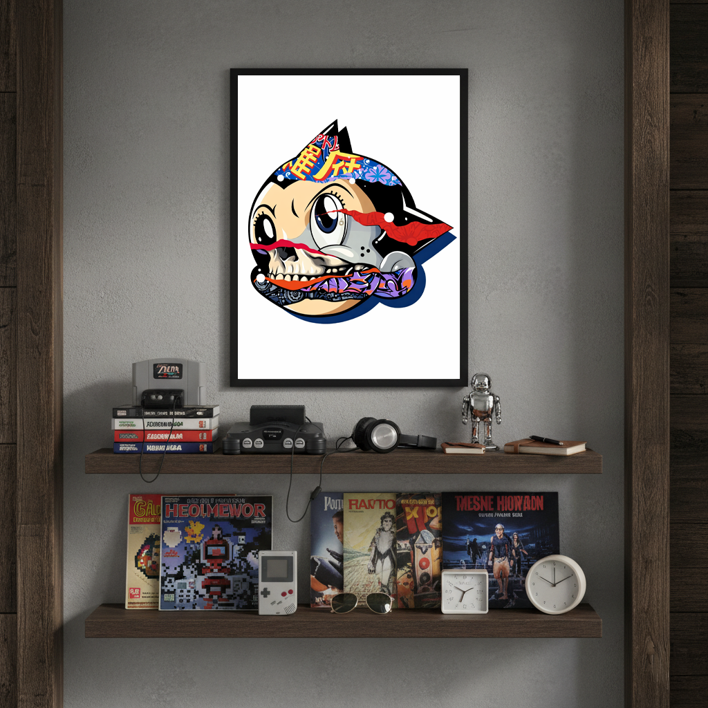 Anime-inspired robot skull framed poster displayed above shelf with retro decor