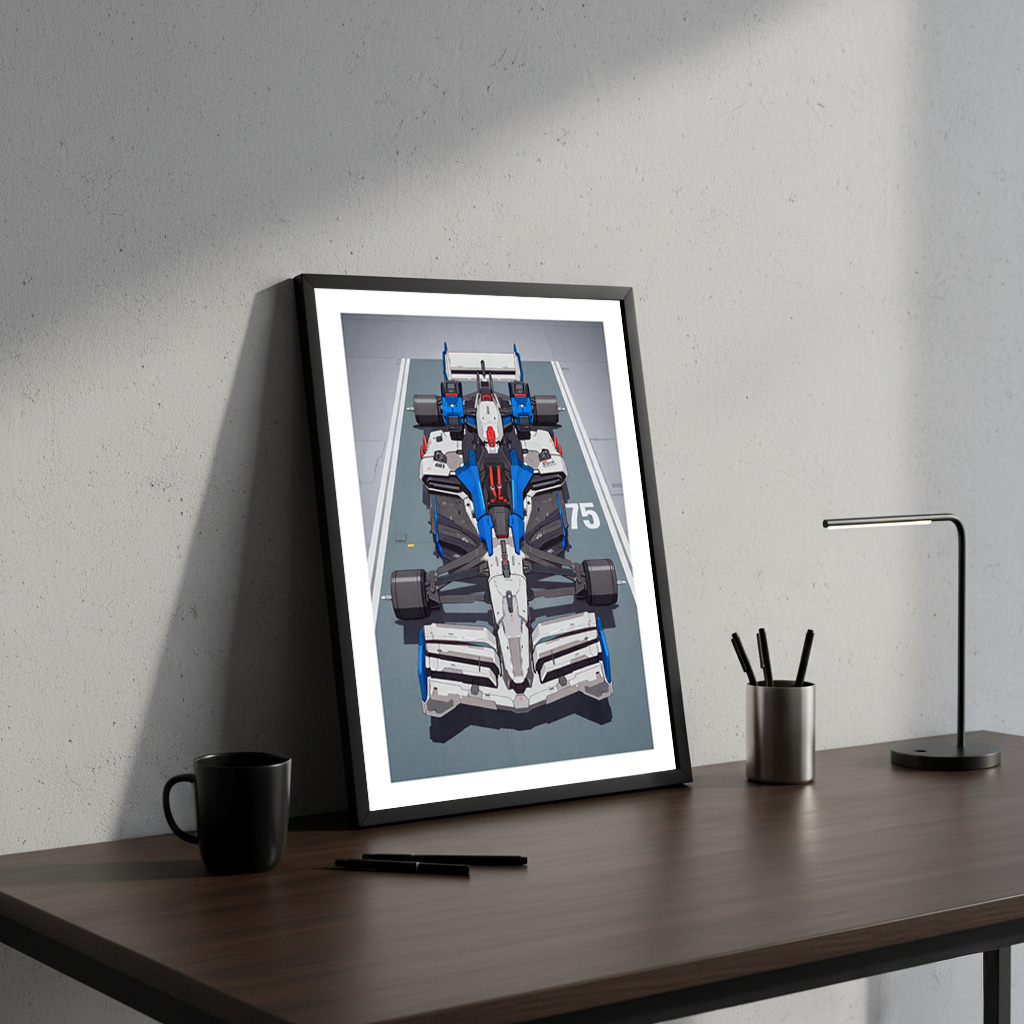 Blue Gundam F1 framed poster leaning on a modern desk beside a black mug, pens, and minimalist lamp.