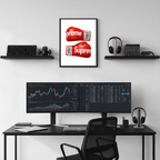 Designer-inspired boxing gloves framed poster above modern desk setup, displayed above modern desk setup with dual monitors