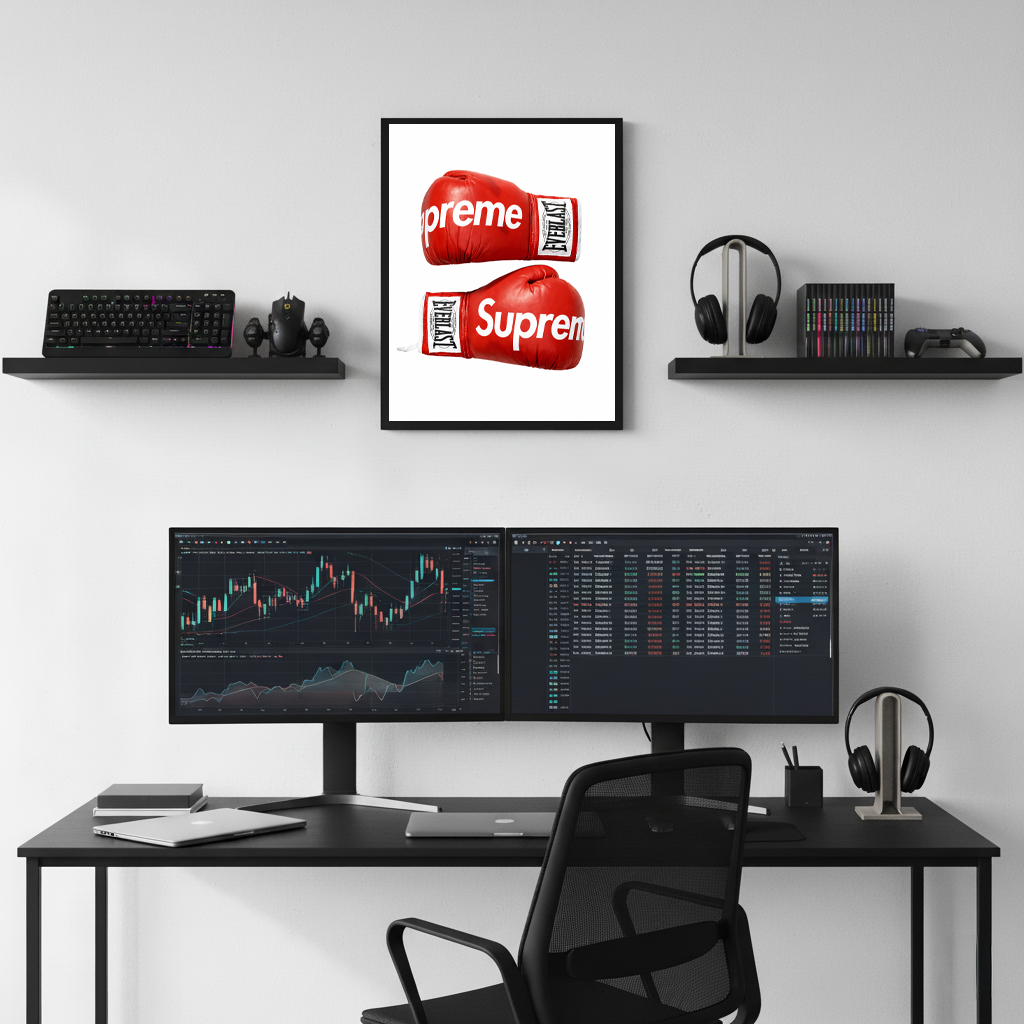 Designer-inspired boxing gloves framed poster above modern desk setup, displayed above modern desk setup with dual monitors