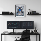 Blue Gundam F1 framed poster displayed above a modern desk setup with dual monitors, shelves, headphones, and clean workspace decor.