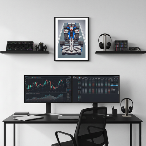 Blue Gundam F1 framed poster displayed above a modern desk setup with dual monitors, shelves, headphones, and clean workspace decor.