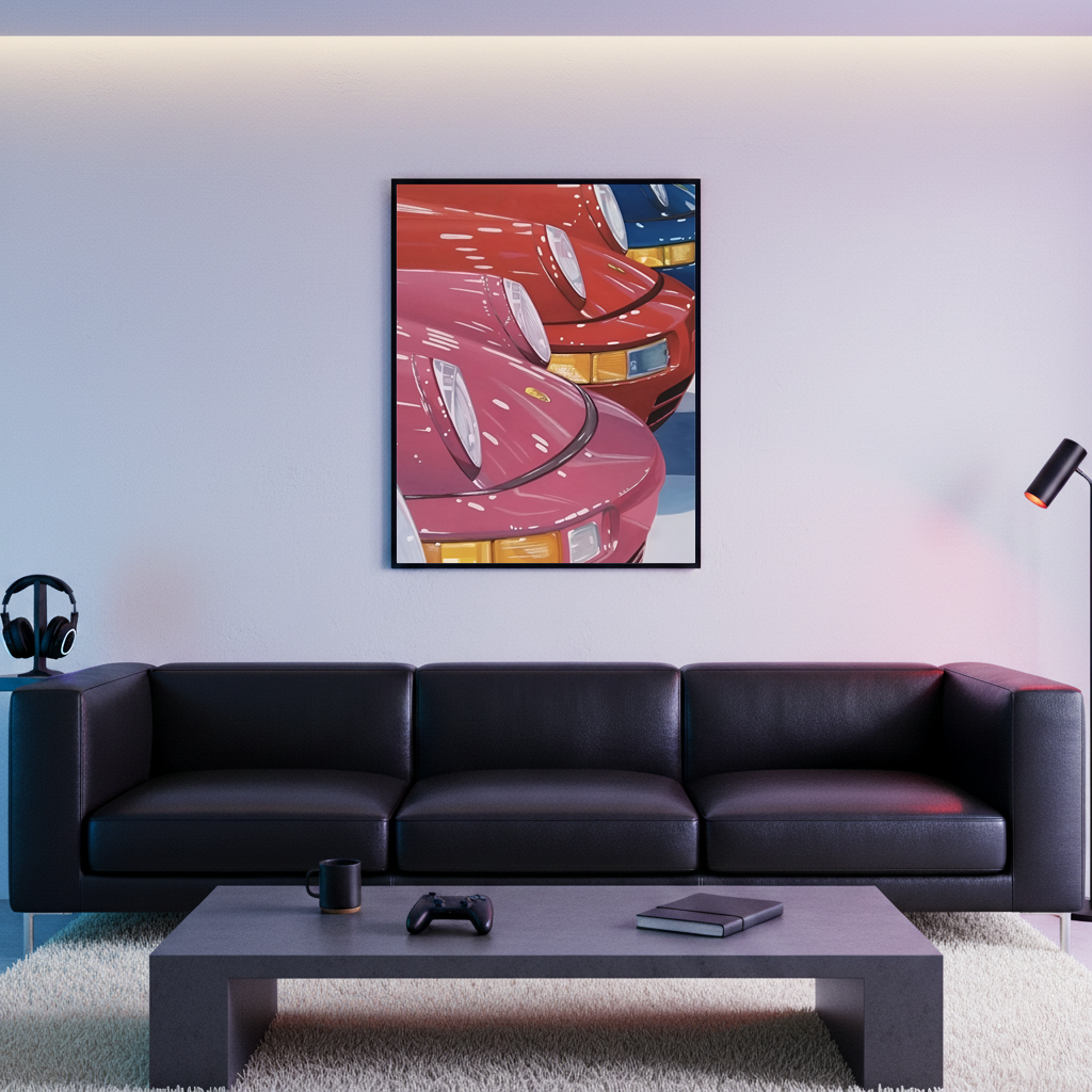 Colored Porsche framed poster displayed above a black sofa in a modern living room with ambient lighting and minimalist decor.
