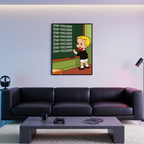 Stay Focused framed poster inspired by Richie Rich, displayed above a black sofa in a modern living room with ambient lighting.