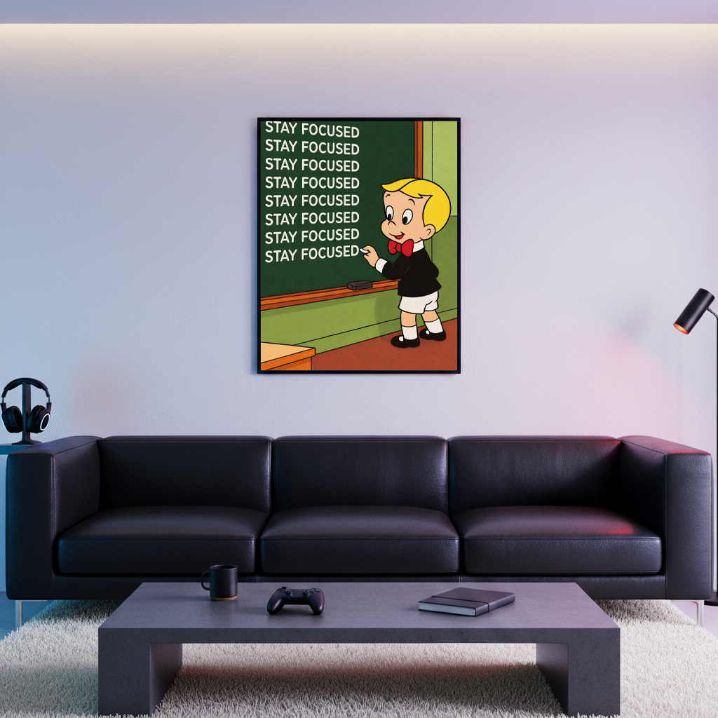 Stay Focused framed poster inspired by Richie Rich, displayed above a black sofa in a modern living room with ambient lighting.