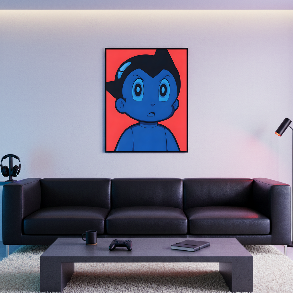 Astro Boy framed poster displayed above a black sofa in a modern living room with ambient lighting and minimalist decor.