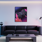 Press Start framed poster displayed above a black sofa in a modern living room with ambient lighting and minimalist decor.