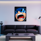 Full Charge framed poster inspired by Mega Man, displayed above a black sofa in a modern living room with ambient lighting.
