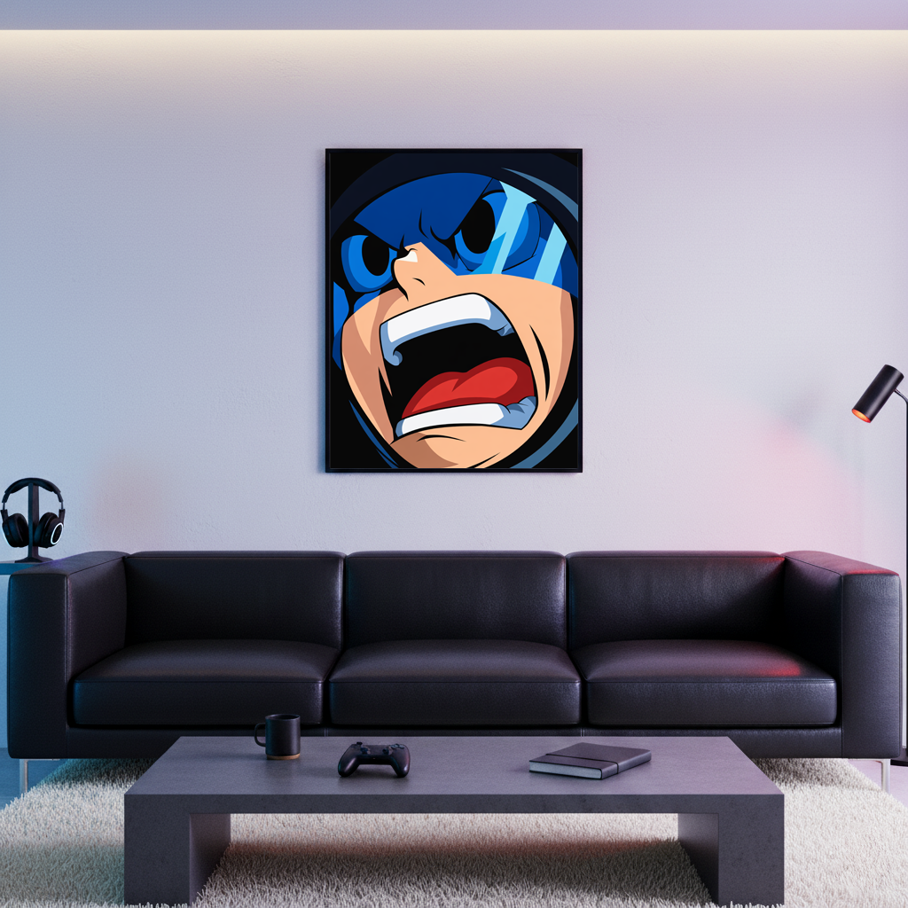 Full Charge framed poster inspired by Mega Man, displayed above a black sofa in a modern living room with ambient lighting.