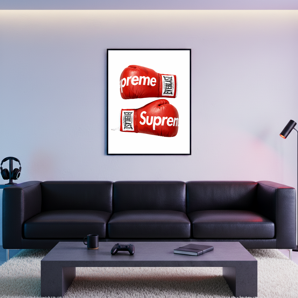 Designer-inspired boxing gloves framed poster in modern living room with neutral decor