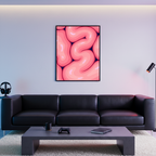 Brain Melt framed wall art displayed above a black sofa in a modern living room with ambient lighting and minimalist decor.