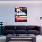 The Pope framed wall art displayed above a black sofa in a modern living room with ambient lighting.