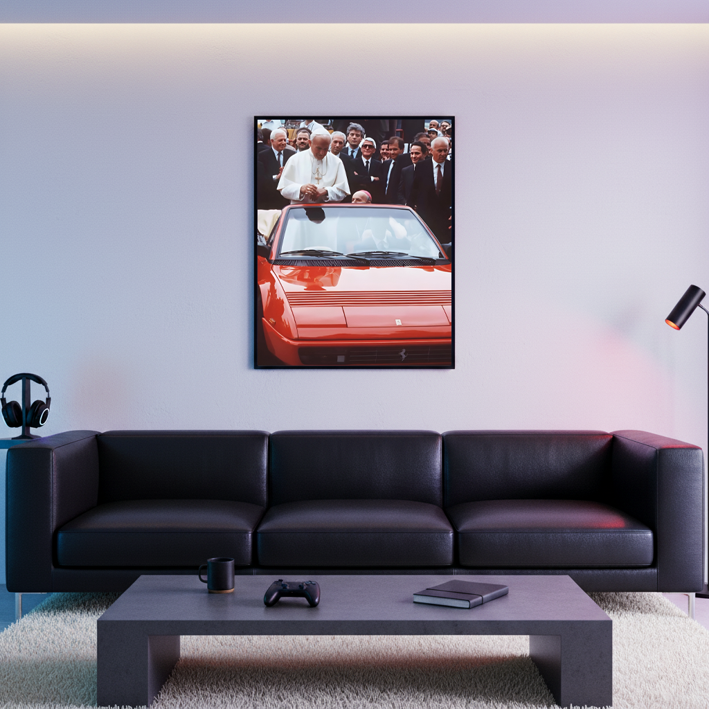 The Pope framed wall art displayed above a black sofa in a modern living room with ambient lighting.