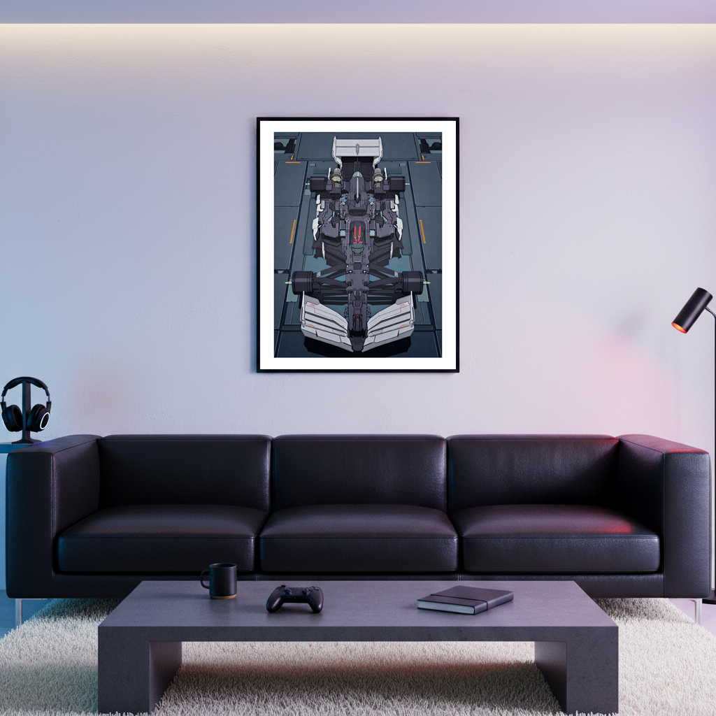 Black Gundam F1 framed poster displayed above a black sofa in a modern living room with ambient lighting and minimalist decor.