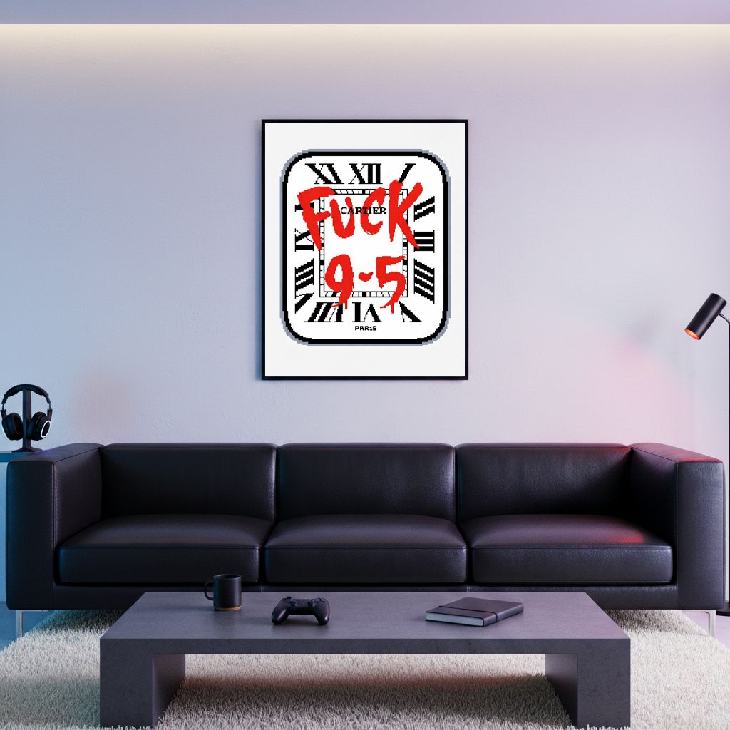 F*** 9-5 framed poster displayed above a black sofa in a modern living room with ambient lighting and minimalist decor.