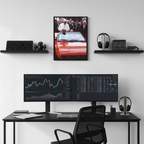 The Pope framed wall art displayed above a modern home office setup with dual monitors, keyboard, mouse, and clean desk decor.