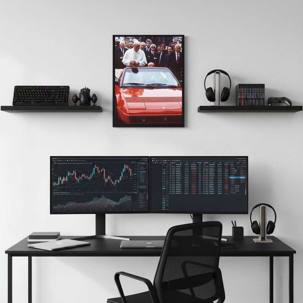 The Pope framed wall art displayed above a modern home office setup with dual monitors, keyboard, mouse, and clean desk decor.