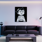 X-Rayed Astro framed poster displayed above a black sofa in a modern living room with ambient lighting and minimalist decor.