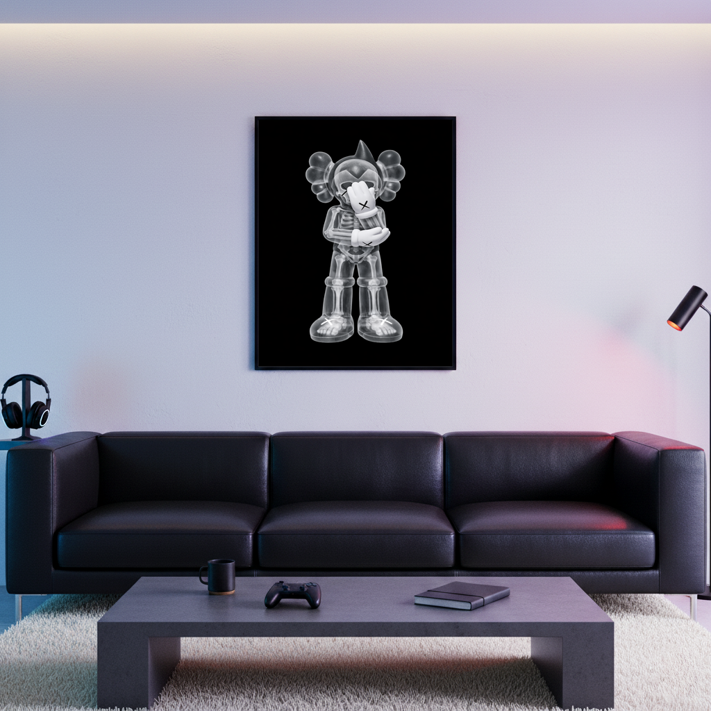 X-Rayed Astro Companion framed poster displayed above a black sofa in a modern living room with ambient lighting and minimalist decor.