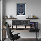 Black Gundam F1 framed poster displayed above a modern desk setup with dual monitors, shelves, and clean workspace decor.