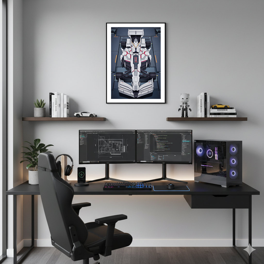 White Gundam F1 framed poster displayed above a modern desk setup with dual monitors, shelves, and clean workspace decor.