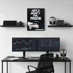 Need Money for Porsche framed poster displayed above a modern desk setup with dual monitors, shelves, headphones, and clean workspace decor.