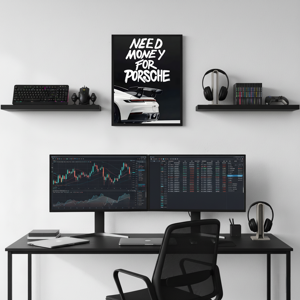Need Money for Porsche framed poster displayed above a modern desk setup with dual monitors, shelves, headphones, and clean workspace decor.