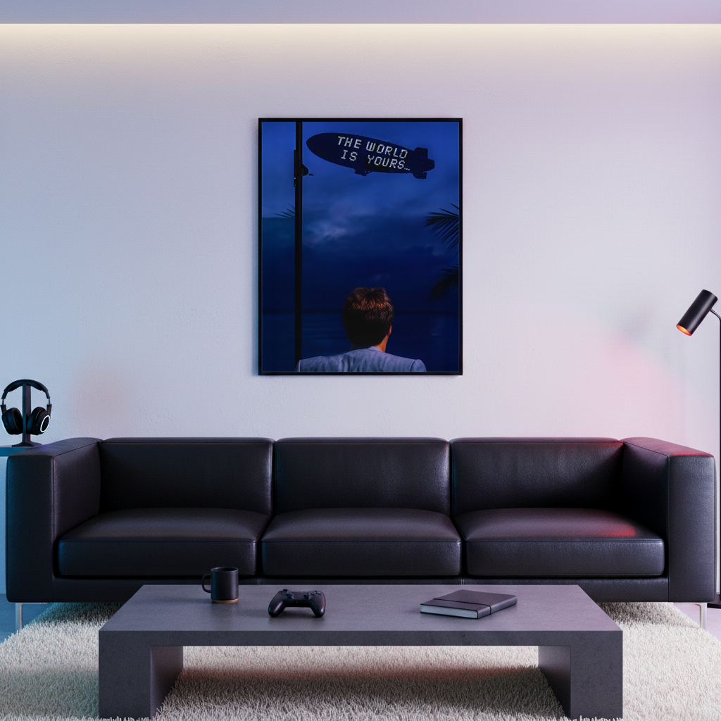 The World Is Yours framed wall art displayed above a black sofa in a modern living room with ambient lighting and minimalist decor.